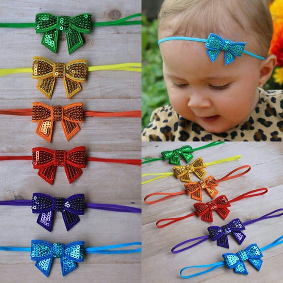 Rainbow 6-pack Newborn Hair Bows Baby Girl Sequin Bow Headbands in