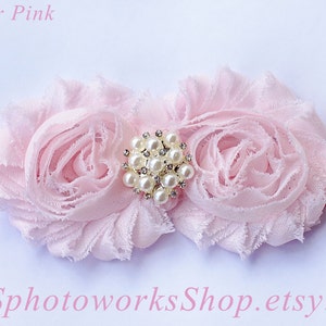 Light Pink Baby Headband Shabby Chic Double Flower Headband in Powder Pink Pink Headband for Baby or Toddler Girl image 3