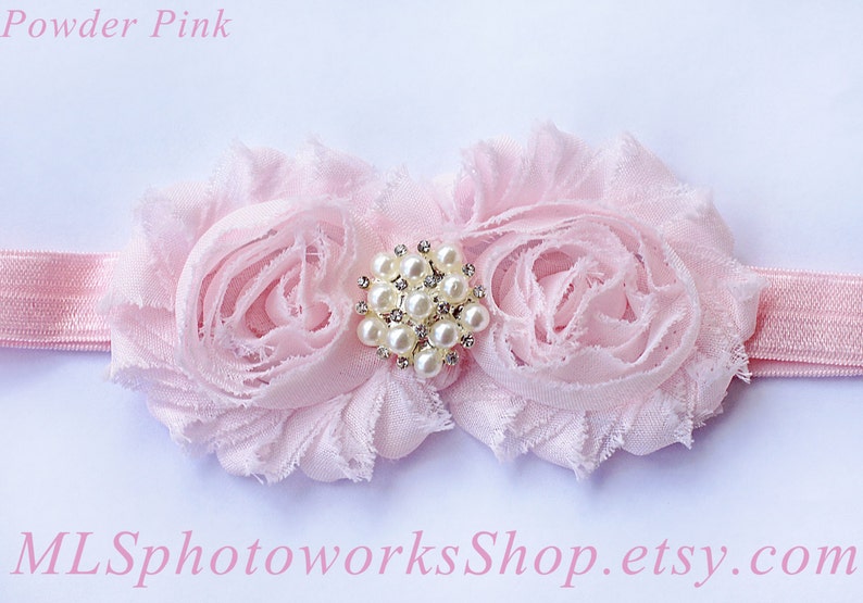 Light Pink Baby Headband Shabby Chic Double Flower Headband in Powder Pink Pink Headband for Baby or Toddler Girl image 3