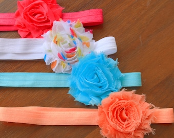 Summer Rainbow Headband Set - Baby Girl Shabby Headbands in Hot Pink, Rainbow Dot, Aqua, Coral Orange