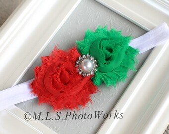 The Classic Christmas Baby Headband - Little Girl's Christmas Headband - Red & Green Flowers with Pearl Rhinestone - Made to Order