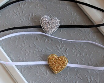 Itty Bitty Sparkly Heart Duo Headbands - Tiny Silver & Gold Glitter Heart Shaped Headband Set for Preemies, Newborns, Baby Girls