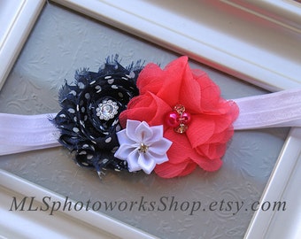 Navy Blue, Hot Pink, White Baby Girl Headband - Flower Hair Bow with Polka Dots for Babies - Navy and Pink Headbands