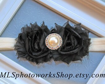 Black & Ivory Baby Girl Headband - Shabby Chic Christmas Hair Bow in Ivory and Black - Baby Girl Black Christmas Headband - Black Flower Bow