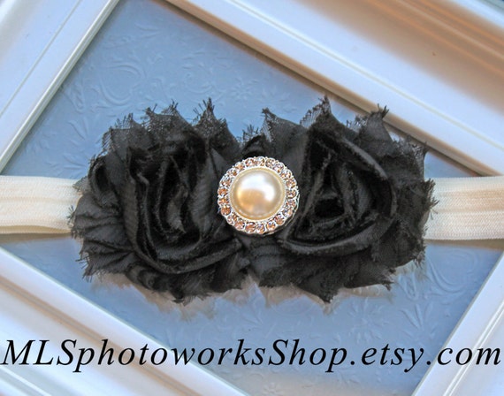Black & Ivory Baby Girl Headband - Shabby Chic Christmas  display picture 3