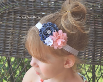 Pink Denim Baby Girl Headband - Flower Hair Bow in Blue Demin, Pink and White for Babies, Toddlers and Girls
