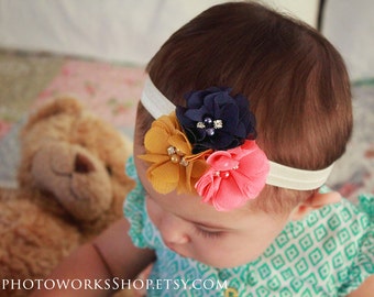 Navy, Coral & Mustard Bold Autumn Headband - Girl's Pretty Flower Hair Bows