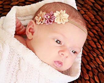Natural Newborn Flower Headband - Baby Girl Mini Flower Hair Bow - Beige, Mauve & Tan Satin Flower Newborn Headband