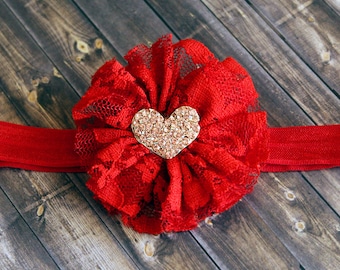Baby Valentine Red Headband - Baby Girl's 1st Valentine's Day Hair Bow with Heart Rhinestone