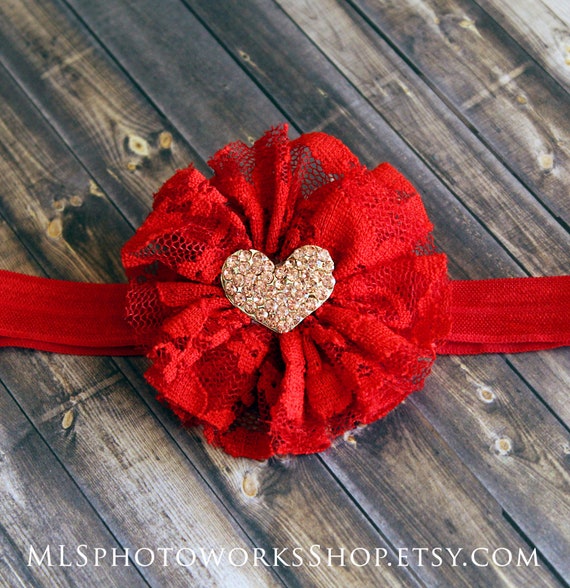Baby Valentine Red Headband - Baby Girl's 1st Valentine's Day Hair Bow with Heart Rhinestone