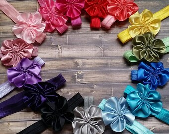 Flower Headband Set of 15 - Baby Girl Gift Set in a Rainbow of Colors - Newborn Satin Bows