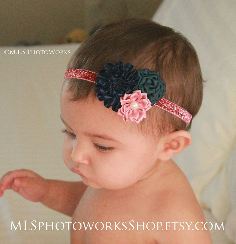 Navy Blue, Hunter Green & Mauve Pink Baby Girl Headband Triple Satin Flower Hair Bow for Newborns, Toddlers and Girls Baby Headbands image 1