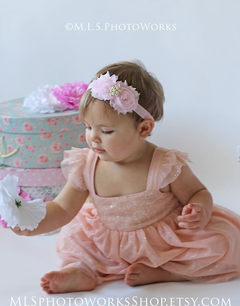 Light Pink Baby Headband Shabby Chic Double Flower Headband in Powder Pink Pink Headband for Baby or Toddler Girl image 1