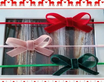 Soft Velvet Holiday Bow Set for Baby Girl - Christmas Headband 3-Pack in Blush Pink, Red, and Green