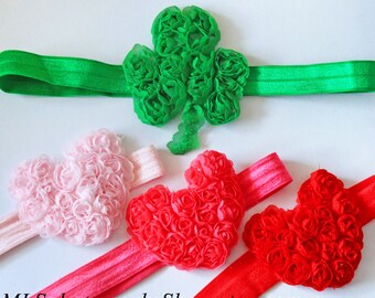 Valentine's Day and St. Patrick's Day Holiday Shape Headbands - Heart and Shamrock Chiffon Hair Bows - Baby Girl Valentine's Day Bows