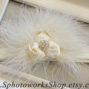 Ivory Baby Girl Headband with Mini Satin Rosettes & Soft Feather - Boutique Style Ivory Hair Piece for Christening, Wedding