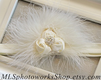Ivory Baby Girl Headband with Mini Satin Rosettes & Soft Feather - Boutique Style Ivory Hair Piece for Christening, Wedding