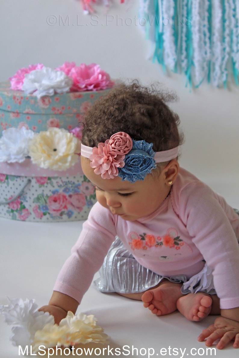 Blush Pink & Light Denim Baby Girl Headband Soft Spring Hair Bow in Blue Denim and Pale Pink for Babies, Toddlers, Girls image 1