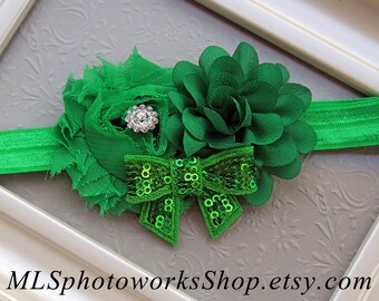 The Little Leprechaun Green Headband - Girl's Triple Green St. Patrick's Day Shabby Flower Headband - Shades of Deep Green Irish Hair Bow
