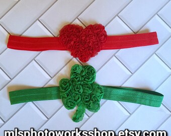 The Hearts & Shamrocks Holiday Combo - Valentine's Day and St. Patrick's Day Flower Headband Set for Baby Girls, Toddlers, Kids