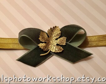 Forest Green & Bronze Leaf Velvet Bow for Babies, Toddlers, and Girls- Thanksgiving, Fall Themed Bow Headbands