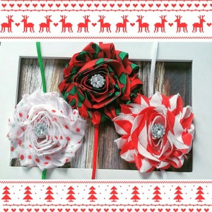 Baby Girl Christmas Headband Set - Three Shabby Flower Jewel Headbands in Christmas Patterns - Girl's Christmas Hair Bows