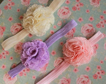 3-Pack of Soft Lace Flower Blossom Headband Set in Lavender, Pink & Ivory - "Newborn Headbands" - Baby Girl Headbands