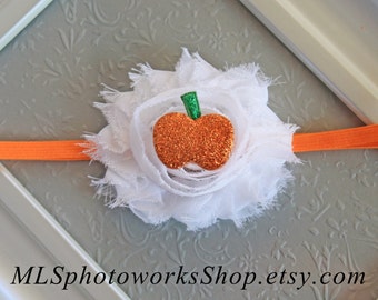 Tiny Pumpkin Newborn Headband - Baby Girl Halloween Pumpkin Shabby Flower Bow - Orange & White Glittery Halloween Headband