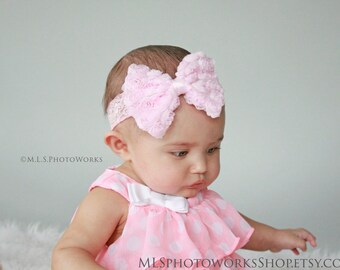 Pink Baby Girl Chiffon Rose & Lace Bow - Available on Headband or Hair Clip