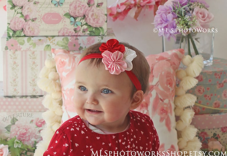 Newborn Pink and White Flower Headband Red Valentine/'s Day Tri-Color Hair Bow for Baby Girl