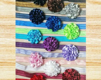 Baby Girl Flower Bows - 13 Mini Satin Flower Headbands in a Rainbow of Colors