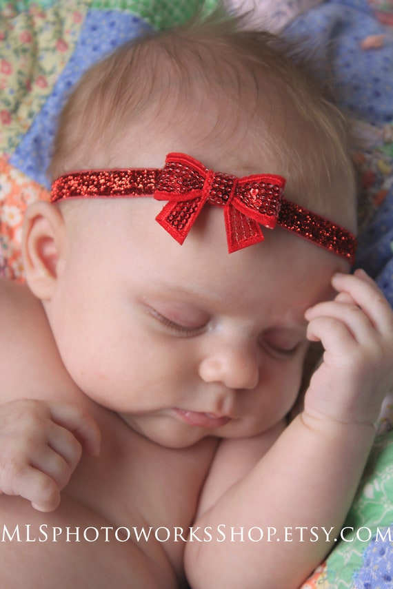 Sparkly Red Christmas Bow for Baby Girl Tiny Baby Hair Bow Headband