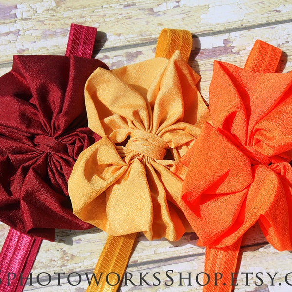 Jumbo Chiffon Bow Headband Set in Burgundy, Mustard, Pumpkin - Hair Bow Gift Set with 3 Colors - Girls XL Hair Bow Headbands