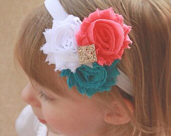 Bright Coral Pink, Teal Green, White Baby Girl Headband - Summery Colored Shabby Chic Hair Bow for Babies, Toddlers and Girls