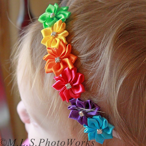 The Prism Effect Rainbow Flower Headband - Little Girl's Satin Flower Rainbow Headband - Baby Girl Rhinestone Rainbow Birthday Hair Bow