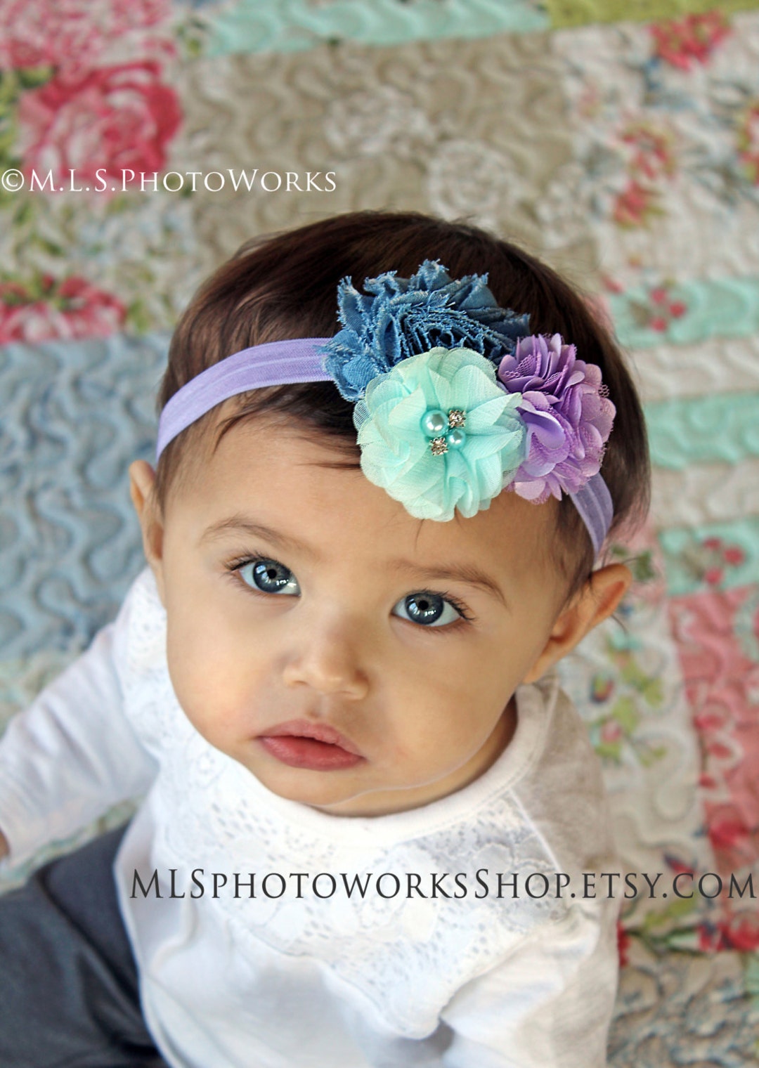 Lavender Aqua & Denim Flower Baby Girl Headband Sweet - Etsy