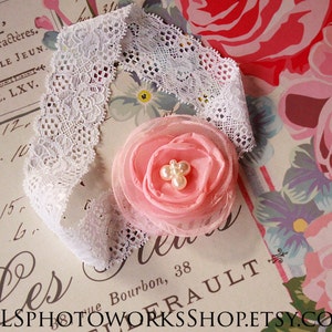 Baby Girl Petite Light Coral Blossom with Pearls - Sweet Baby Headbands with White Lace - Newborn Hair Bows