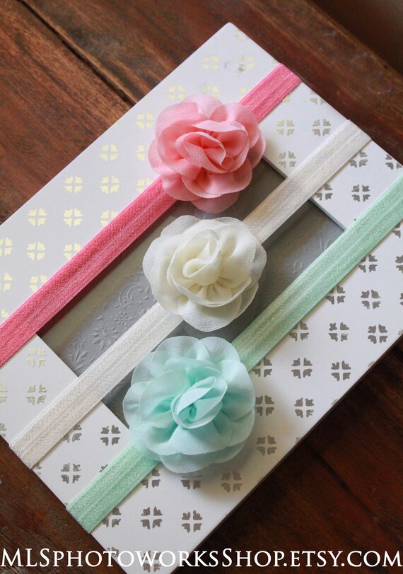 Coral Mint Ivory Spring Flower Bow Newborn Toddler Headband Baby Girl HairBow