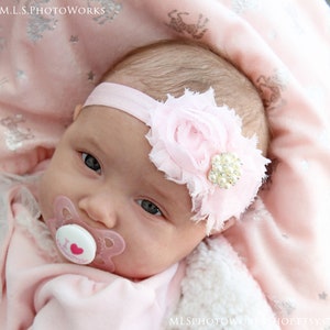 Light Pink Baby Headband Shabby Chic Double Flower Headband in Powder Pink Pink Headband for Baby or Toddler Girl image 2