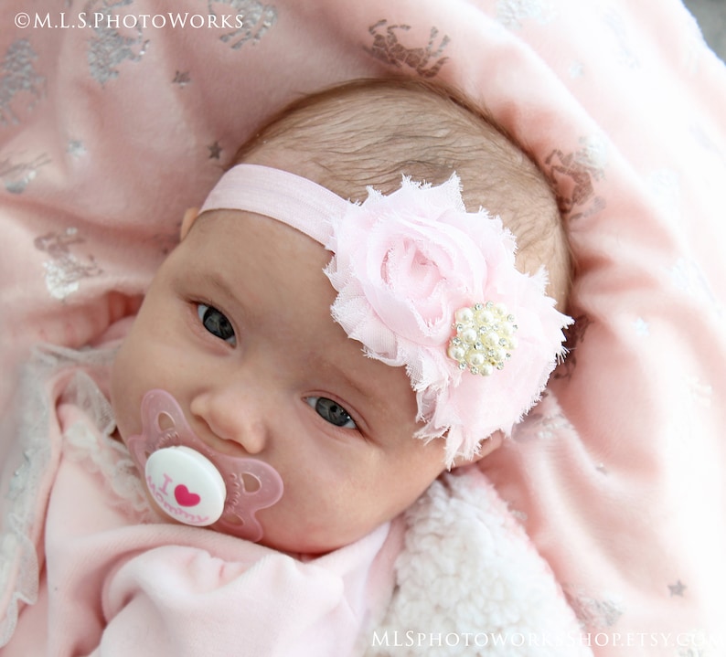 Light Pink Baby Headband Shabby Chic Double Flower Headband in Powder Pink Pink Headband for Baby or Toddler Girl image 2