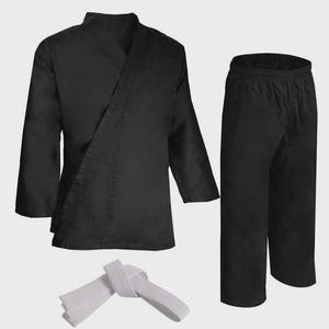 May include: A black martial arts uniform set, including a jacket, pants, and a white belt. The jacket has a V-neck design and long sleeves. The pants have an elastic waistband. The white belt is tied in a knot.