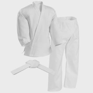 May include: A white karate uniform set, including a jacket, pants, and a white belt. The jacket has a V-neck design and the pants have an elastic waistband. The belt is tied in a knot, ready for wear. This martial arts uniform is designed for training.