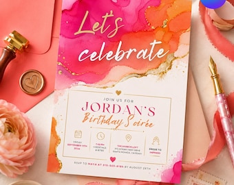 ANY AGE Fuchsia Orange Birthday Invitation, Digital Invitation, Print Yourself