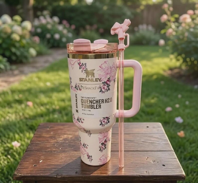 May include: A cream-coloured Stanley Quencher H2.0 tumbler with a floral pattern, featuring a pink handle, a matching pink lid, and a clear straw topped with a pink bow accessory. The tumbler displays the text Stanley, LoveShackFancy, and 40 oz / 1.18 L.