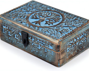 Handmade Wooden Jewellery Box Blue Tree of Life Mango Wood Carved Case