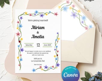 Invitación de boda botánica, Invitación de boda con flores silvestres, Plantilla temática jardín de flores, Detalles, RSVP, Modelo Primavera