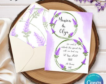 Invitación de boda flor de lavanda, Invitación personalizada con flores, Estilo acuarela, Detalles, RSVP, Plantilla de boda, Modelo Lavanda