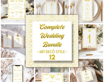Conjunto de plantillas para boda, Paquete de boda personalizado, Papelería de boda editable, Estilo Art Decó, Suite de boda, Plantillas boda