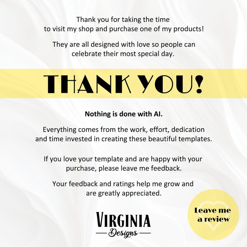May include: A graphic design with text that reads "Thank You!" in large, bold letters. The design also includes the text "Virginia Designs" and a call to action to leave a review. The overall theme is appreciation for customers.