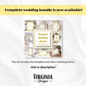 May include: A complete wedding bundle in an Art Deco style. The image shows various wedding stationery items, including invitations, table cards, and gift tags. The text reads "Complete Wedding Bundle" and "Link in description".